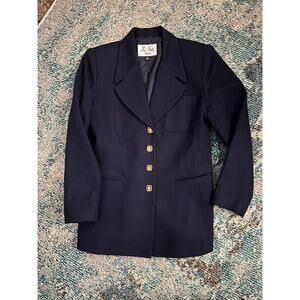 Vintage Le Suit Petites 6P Wool Navy Blue Gold Square Face Buttons Blazer Coat